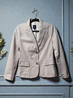 GAP Grey & White Striped Cotton Seersucker Blazer Jacket